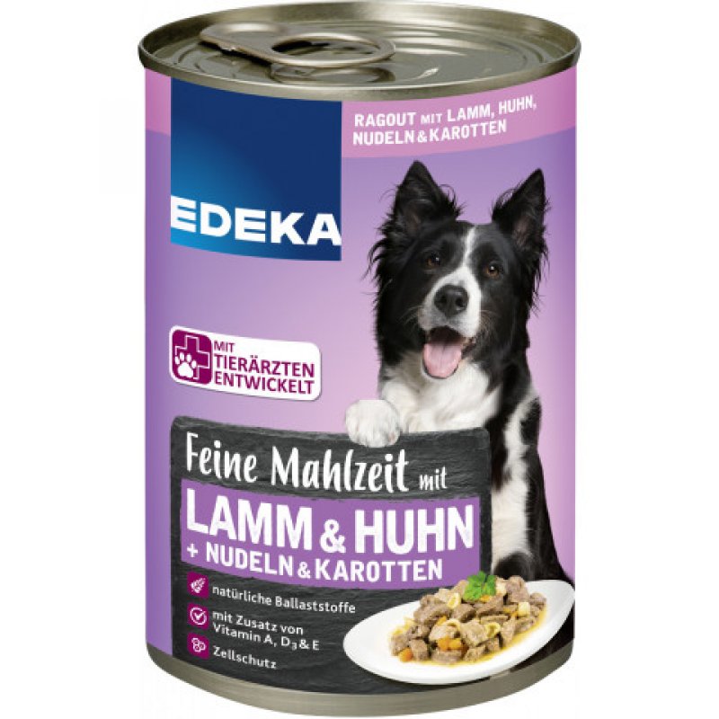 EDEKA Alimento para perros Comida fina con cordero, pollo, fideos y zanahorias 400G