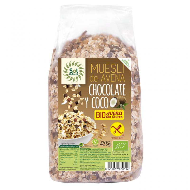 oat muesli Organic chocolate and coconut gluten-free 425 gr.
